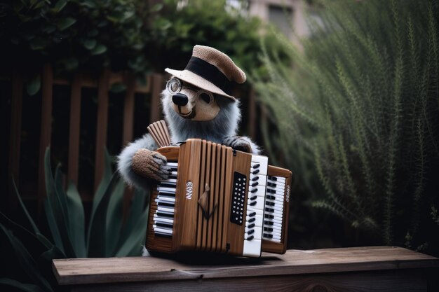 Un animal de peluche tocando un acordeón en un banco de madera Imagen generativa de IA