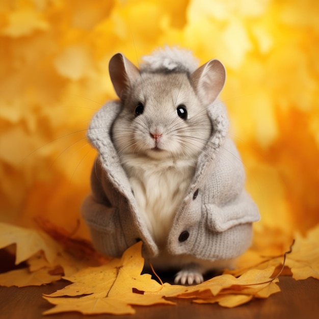 Animal peludo bonito vestindo roupas de outono de outono foto engraçada chinchilla