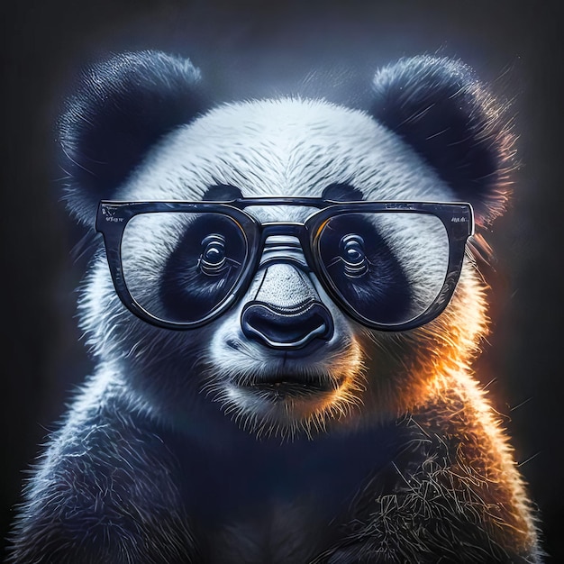 Animal sábio com óculos Retrato de um urso panda em óculos em um fundo escuro