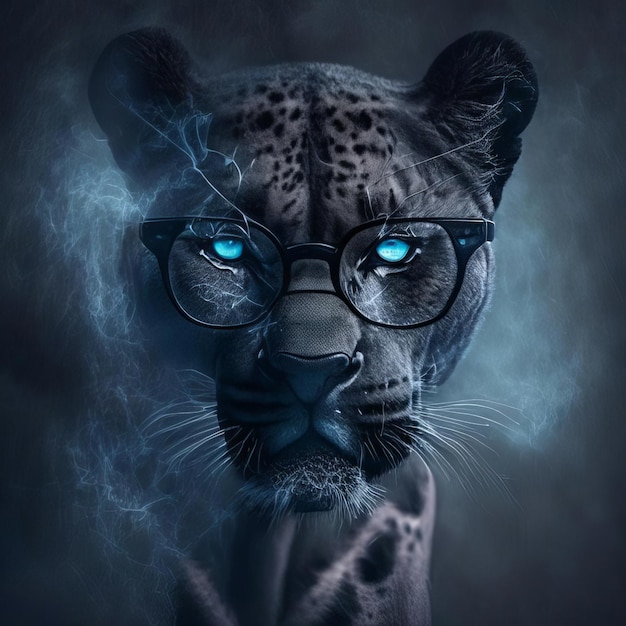 Animal sabio con gafas Retrato de una pantera leopardo con gafas sobre un fondo oscuro