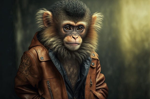 Animal de la selva con abrigo en forma de mono en chaqueta de cuero creado con ai generativo