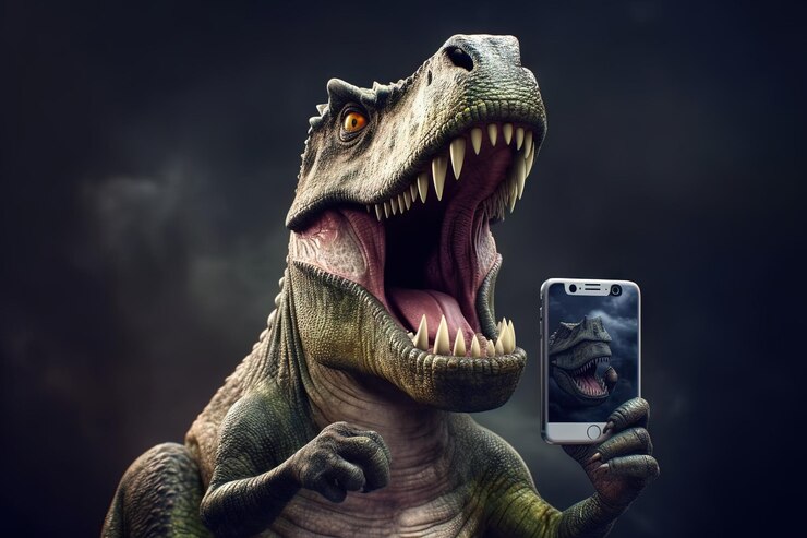 Foto animal selvagem dinossauro trex fazendo uma selfie com uma ilustração de smartphone generative ai