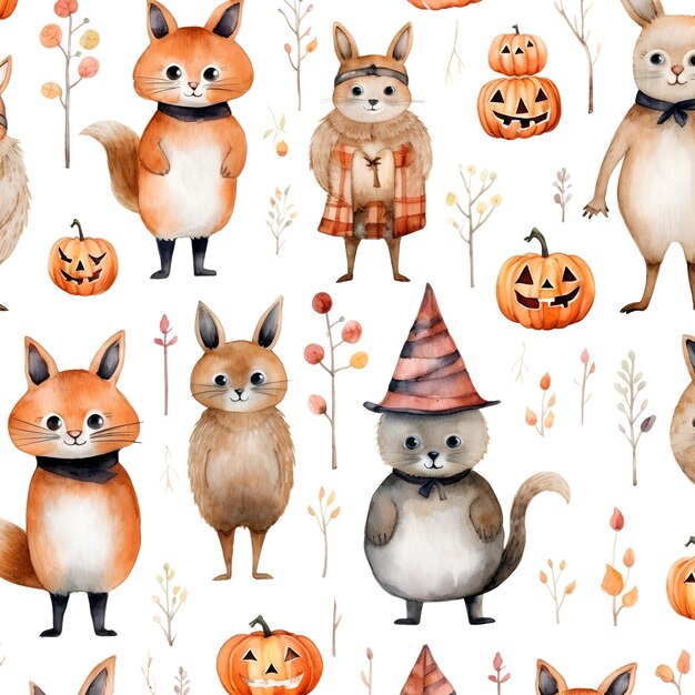 Animales acuarelas disfrazados de halloween.