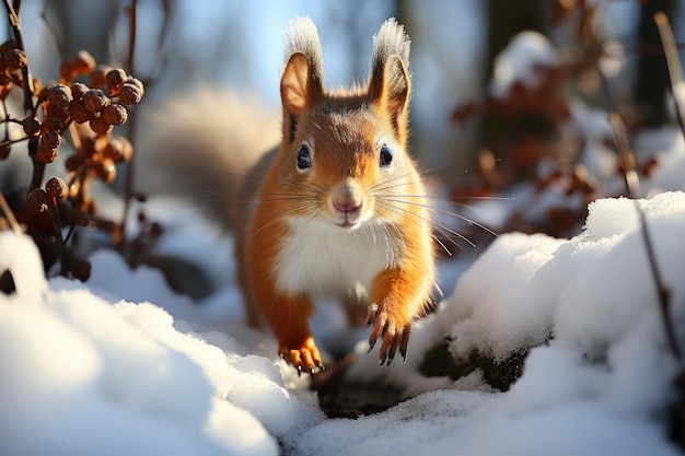 Los animales del bosque buscan alimento en la brillante nieve generativa IA