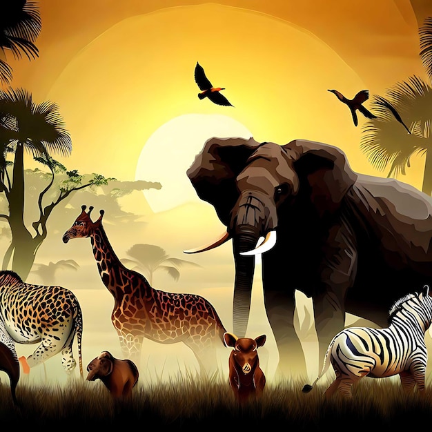 Animales en el bosque y la selva. Vector de vida silvestre. Escenas de animales diversos.