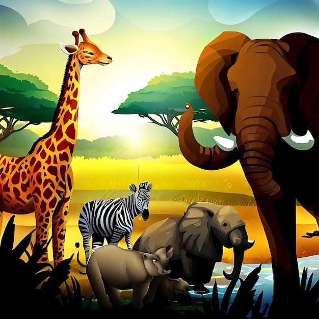 Animales en el bosque y la selva. Vector de vida silvestre. Escenas de animales diversos.