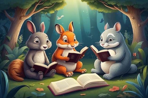 Animales dibujados a mano parecidos a niños leyendo una ilustración