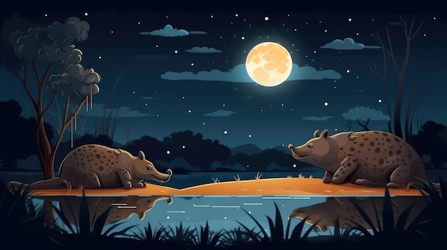 Animales de dibujos animados africanos en el paisaje de la sabana nocturna