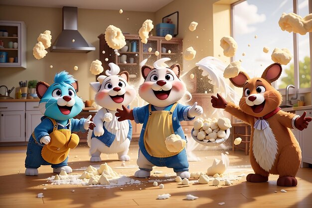 Los animales de dibujos animados frenéticos hacen caos en la cocina