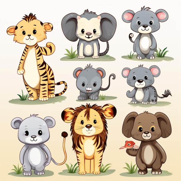 animales de dibujos animados en varias poses y colores generativos ai