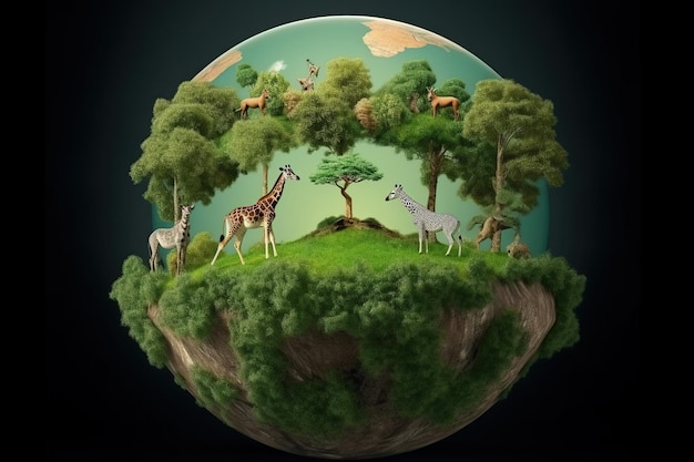 Foto animales en un globo de cristal fondo verde protección vida silvestre día mundial de la vida salvaje ai generative