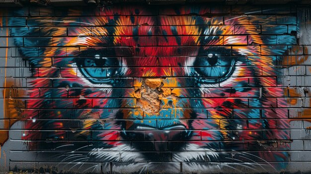 Foto animales de graffiti que asoman desde detrás del papel tapiz