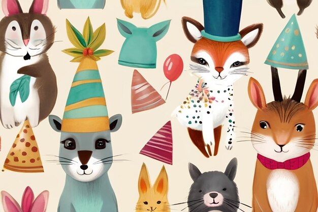 Animales de ilustración caprichosos sombreros de fiesta