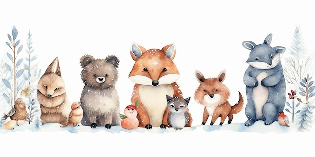 Animales lindos del bosque de Navidad en madera Feliz Navidad Feliz año nuevo Ilustración acuarela aislado en blanco