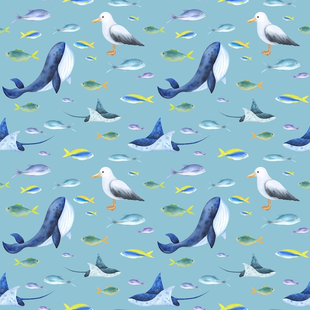 Animales marinos ballenas rayas y gaviotas patrón sin costuras dibujado a mano en acuarela sobre un fondo gris turquesa para telas de diseño textiles papel tapiz