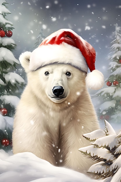 Animales Navidad en sombreros de acuarela en medio de fondos navideños Fondo de nieve lindo caprichoso Arte digital