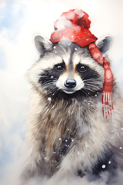 Animales Navidad en sombreros de acuarela en medio de fondos navideños Fondo de nieve lindo caprichoso Arte digital