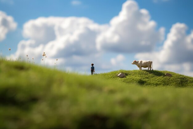 Animales pastando en un prado un pastor cerca y un perrito corriendo alrededor del mundo de fieltro en miniatura