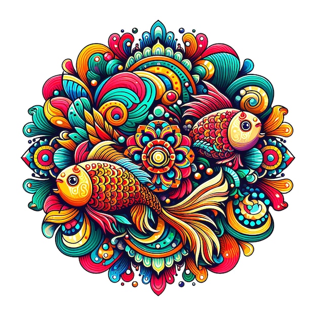 Animales de peces coloridos con un patrón decorativo diseño de estilo mandala floral y ornamental