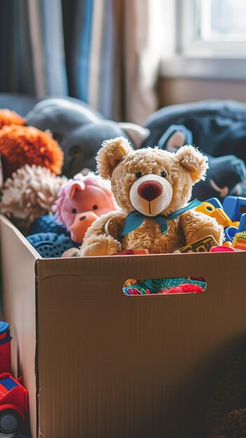 Foto animales de peluche dispuestos en una caja en una cama