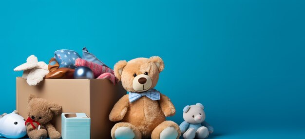 Foto animales de peluche variados sentados al lado de una caja de cartón juguetes de pelusa lindos y coloridos para niños tiempo de juego y decoración ia generativa