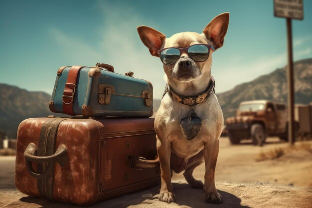 Animales en el resort de vacaciones con gafas de sol y con un estuche de viaje a su lado