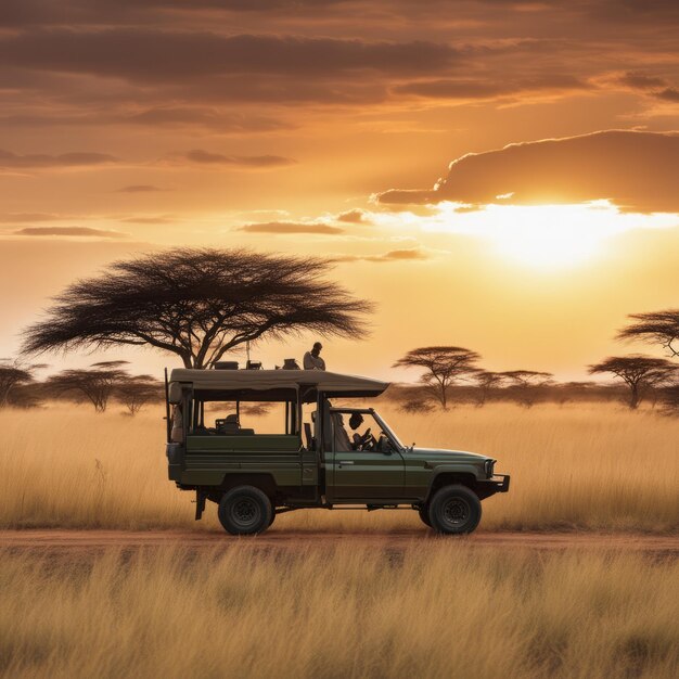 animales salvajes africanos en safari natural en África hombres y mujeres jóvenes con su jeep en un