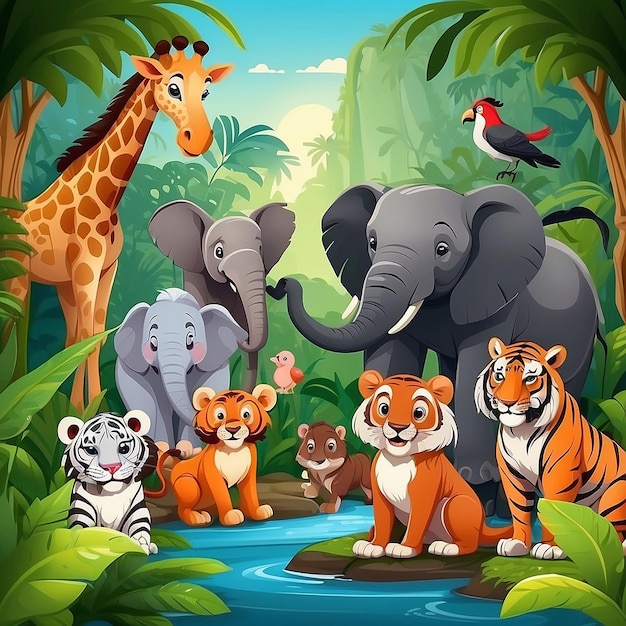 Animales salvajes caricaturizados en la jungla
