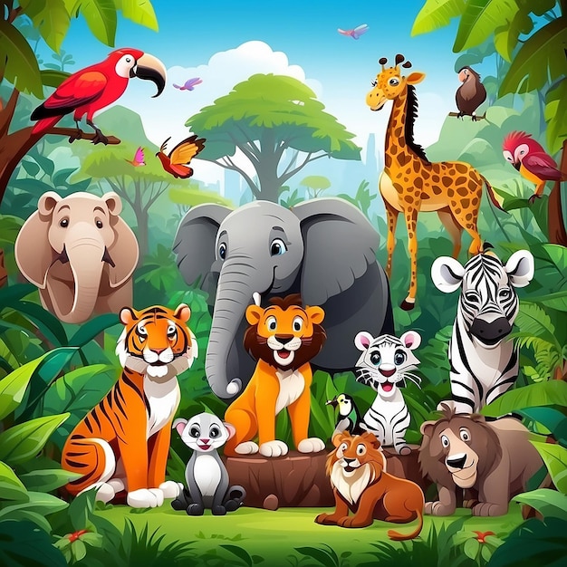Foto animales salvajes caricaturizados en la jungla