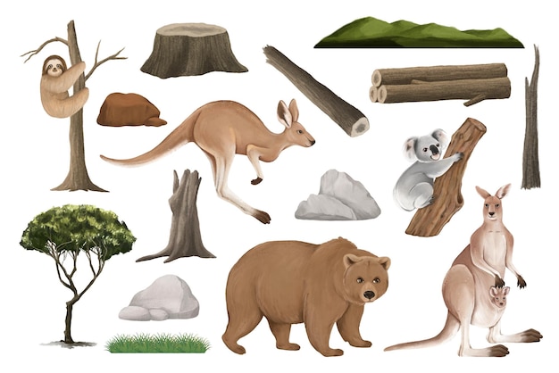 Animales salvajes ilustraciones de pegatinas png conjunto de fondo transparente