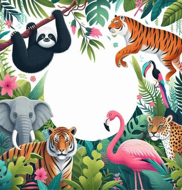 Animales de la selva con un cartel en blanco al estilo de dibujos animados