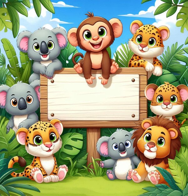 Animales de la selva con un cartel en blanco al estilo de dibujos animados