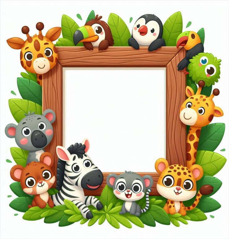 Animales de la selva con un cartel en blanco al estilo de dibujos animados