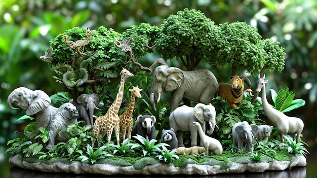 animales del zoológico en diorama