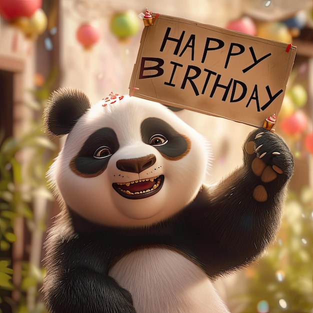 Foto animated cute smiling panda celebrating with birthday wishes generative ai