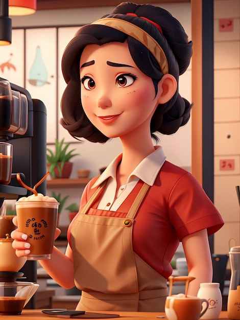 Animation einer schönen weiblichen Barista Asiatische Frau Starke Farben in einem Café, die einen Kaffee serviert