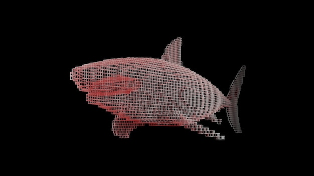 Animation eines Hais in Form von leuchtenden Neonstreifen aus einem dreidimensionalen Raster. Drehen, schwenken und zoomen Sie das Objekt im Raum. 3D-Rendering
