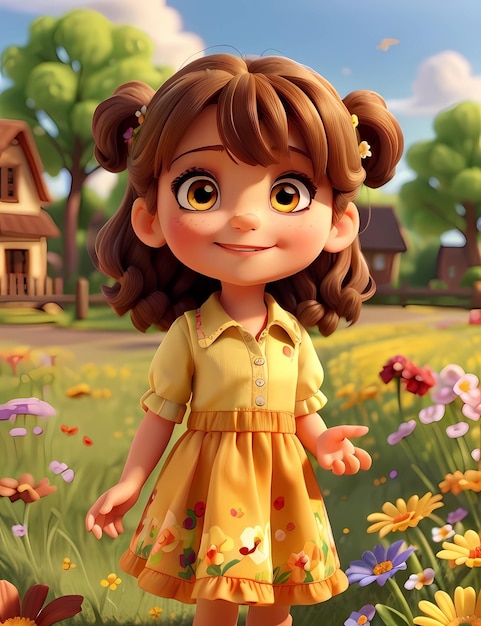 Animation lächelndes kleines Mädchen mit braunen Haaren und haselnussbraunen Augen, das ein Kleid zwischen den Blumen trägt