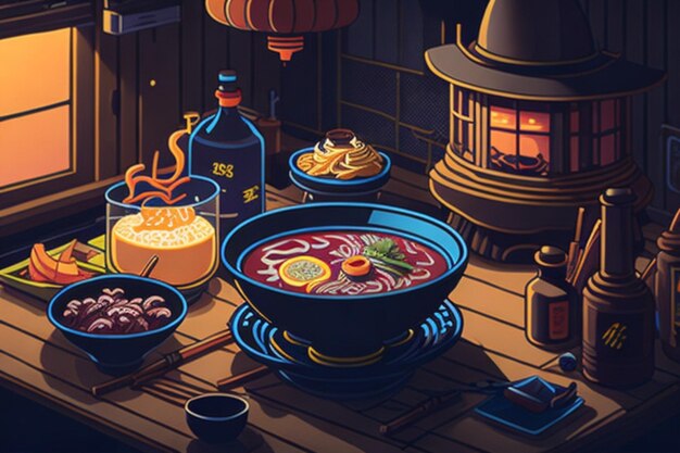 Animation von Ramen-Nudeln, einem typischen japanischen asiatischen Essen