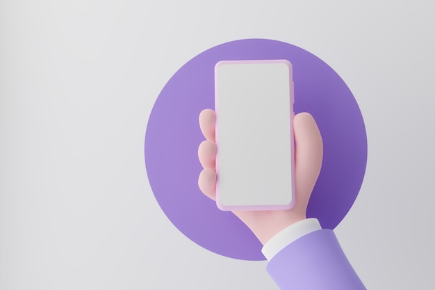 Animationshand, die Smartphone mit weißem Bildschirm auf violettem Hintergrund hält d Illustration