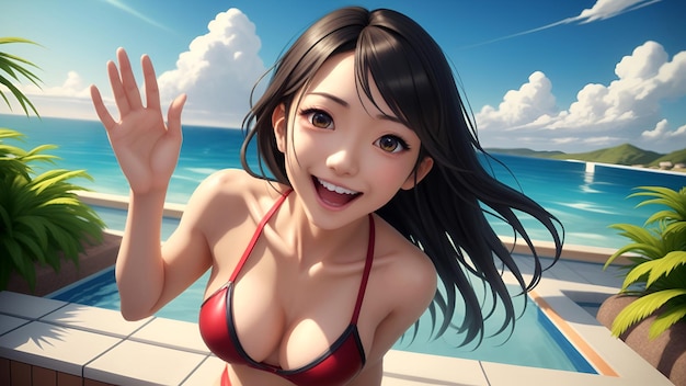 Anime 3D chica japonesa con bikini tomando el sol posando en la piscina imágenes generadas con IA