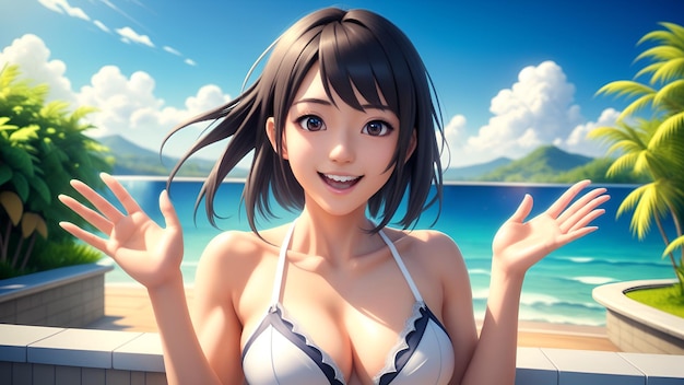 Anime 3D chica japonesa con bikini tomando el sol posando en la piscina imágenes generadas con IA