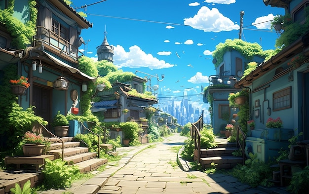Anime animado ambientando una calle de la ciudad rodeada de un hermoso paisaje verde generado por Ai