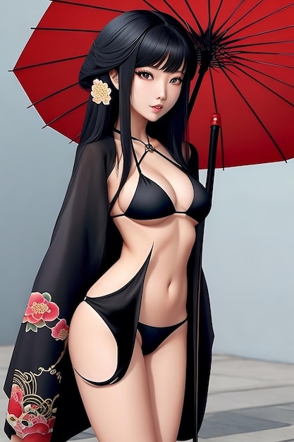 Foto anime con bikini en la playa mirándote