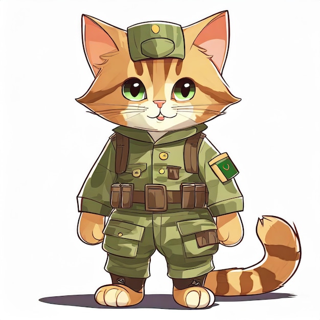 Foto anime bonito um gato em uniforme do exército em fundo branco gerado pela ia