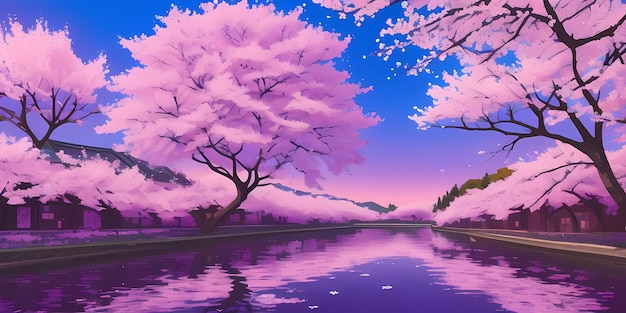 Anime Bosque de Cerezas en Flor Escénico Árboles de Sakura Rosados Japoneses Reflexión del lago del Monte Fuji en el cielo del día