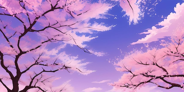 Foto anime bosque de flores de cerezo escénico árboles de sakura rosados japoneses reflexión del lago del monte fuji cielo del día