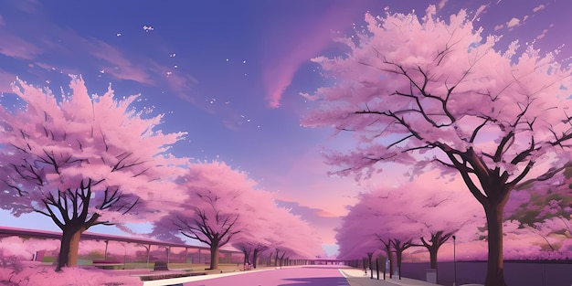 Anime Bosque de flores de cerezo escénico Árboles de sakura rosados japoneses Reflexión del lago del Monte Fuji Cielo del día