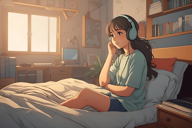 Anime Cartoon-Manga-Stil süßes Mädchen hört Lofi-Musik mit Kopfhörern