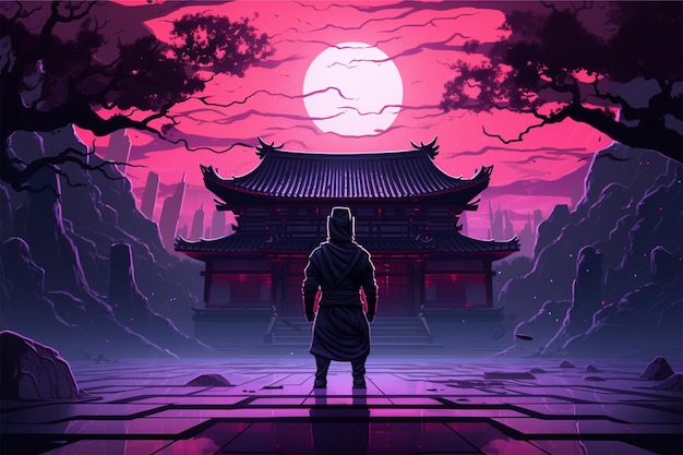 Anime-Cartoon-Neon Ein Samurai steht vor einem japanischen Tempel